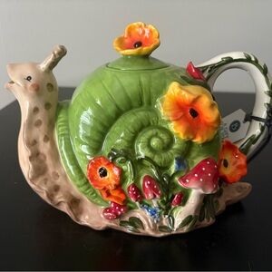 Blue Sky Whimsical Green Snail Teapot with Floral Accents